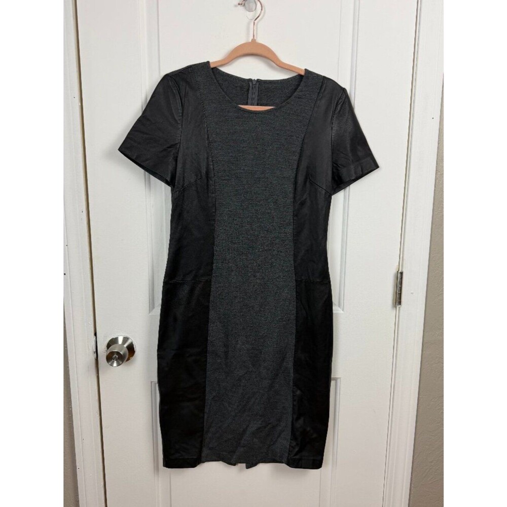 St. John |  Grey Wool Blend Leather-Trim Pleated Midi Dress Sz 6